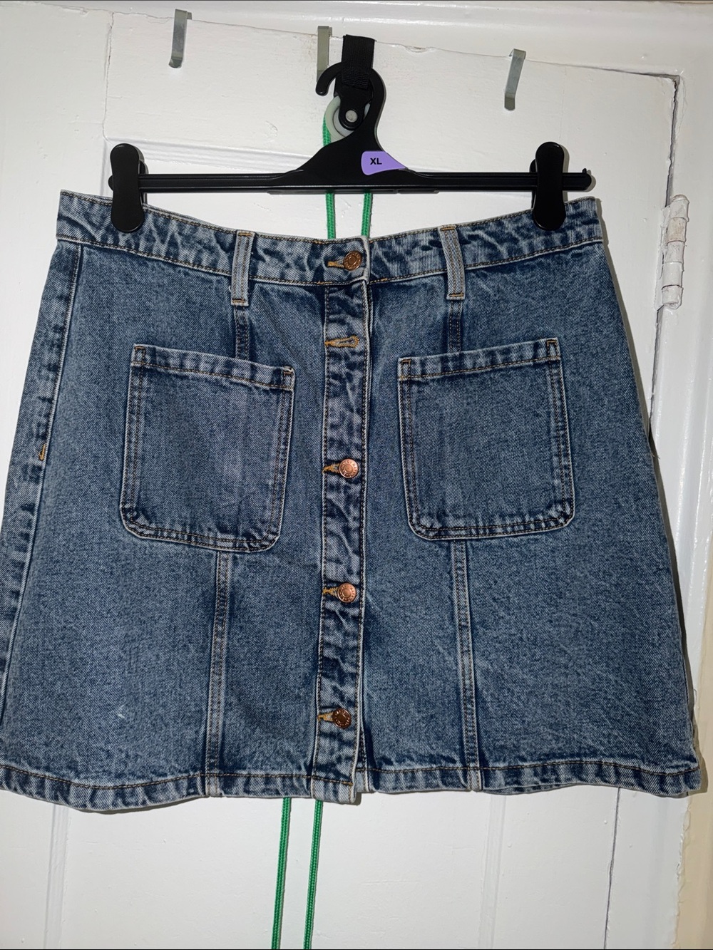 Blue Denim Button-Front A-Line Skirt